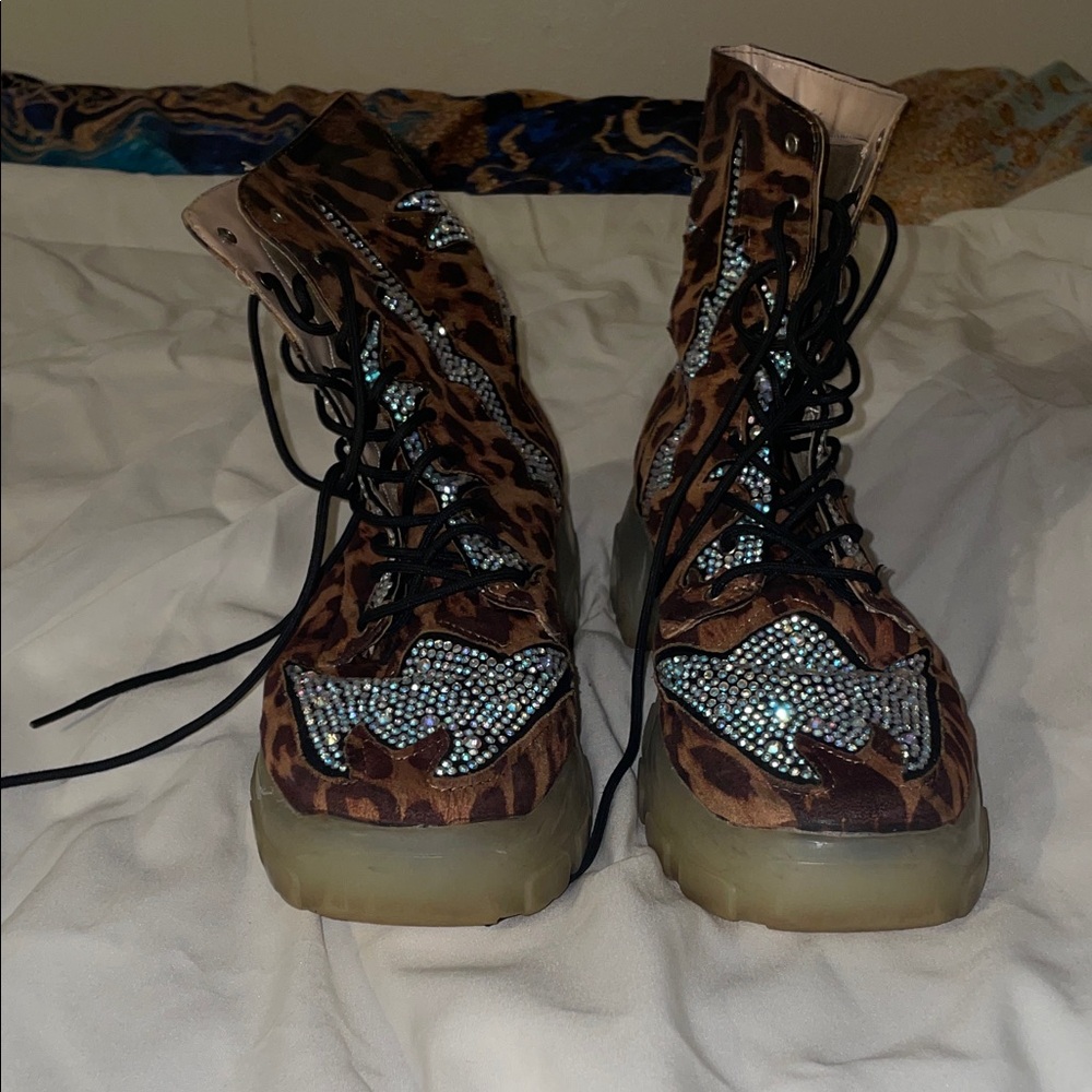 Leopard Print Crystal-Embellished Women's Combat Boots - Picture 2 of 5